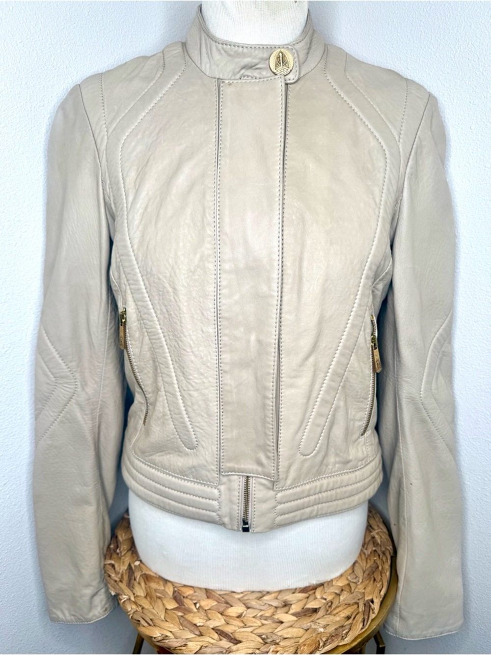 Faith Connexion Moto Jacket Leather Lamb Taupe Beige Zip-Front bomber Tan Biker